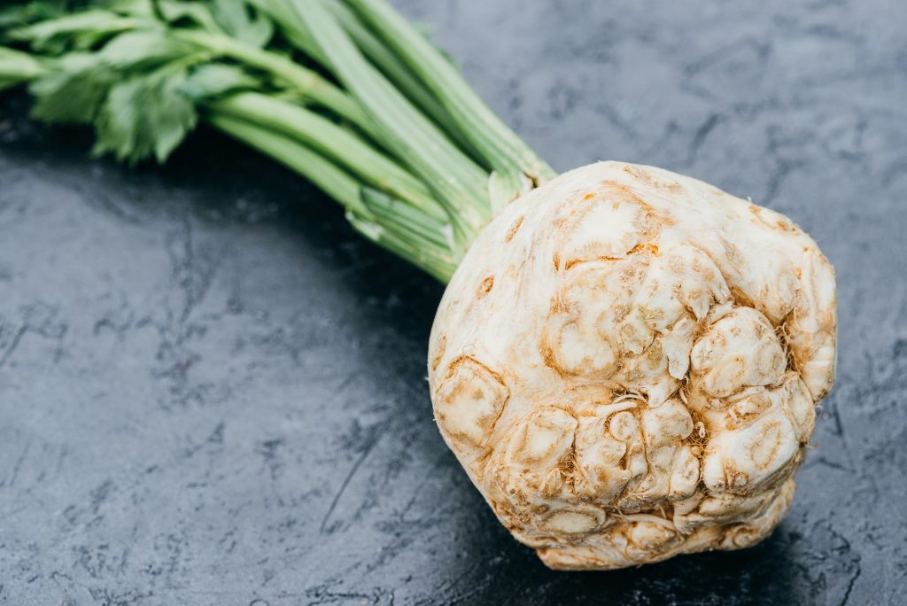 close-up view of fresh organic celery with root